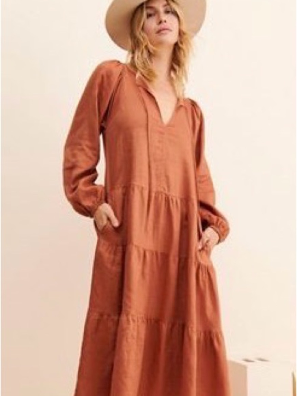 Anthropologie Rust-Tone Tiered Long-Sleeve Maxi Dress